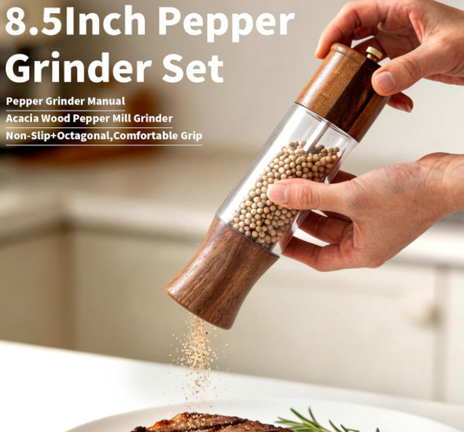 Wooden Salt And Pepper Grinder Set With Base, Refillable - Image 2