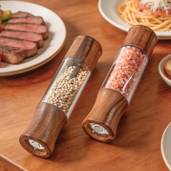 Wooden Salt And Pepper Grinder Set With Base, Refillable
