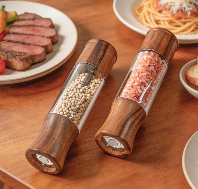 Wooden Salt And Pepper Grinder Set With Base, Refillable