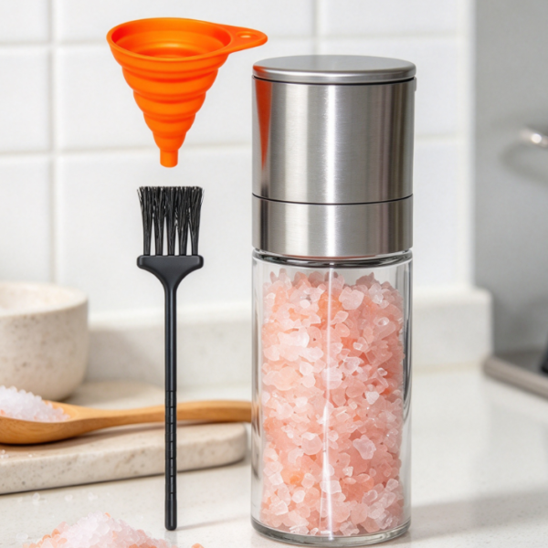 Stainless Steel Pepper Grinder With Adjustable Coarseness, Includes Funnel And Brush