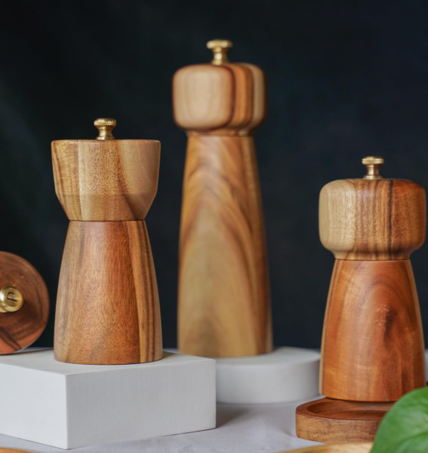 Salt And Pepper Grinder Set With Tray, Made Of Acacia Wood And Ceramic - Image 2