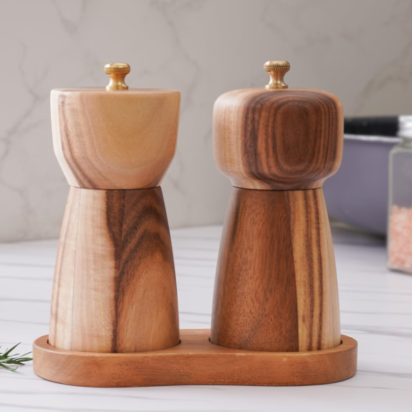 Salt And Pepper Grinder Set With Tray, Made Of Acacia Wood And Ceramic