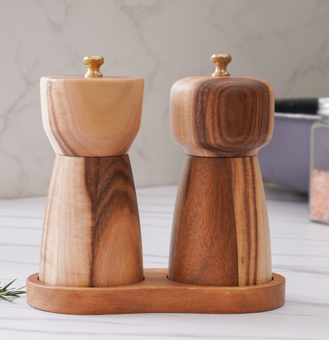 Salt And Pepper Grinder Set With Tray, Made Of Acacia Wood And Ceramic