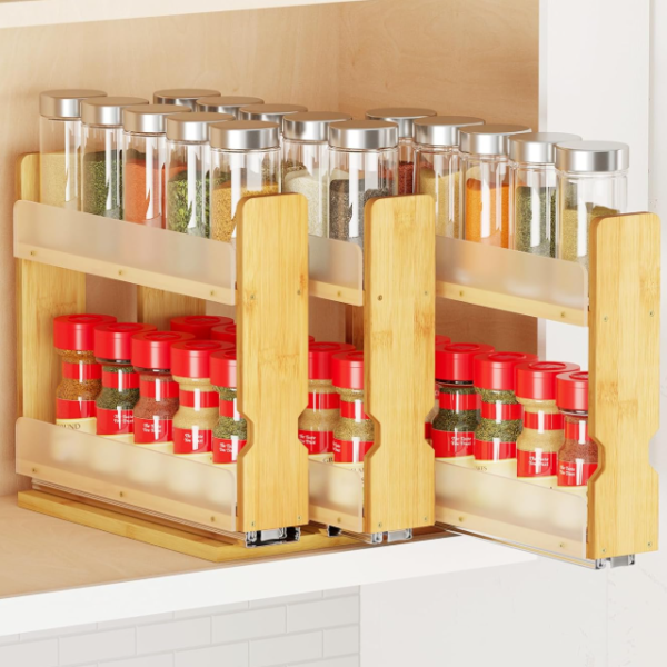 Bamboo Pull-Out Cabinet Spice Rack, 3-Tier With Heavy-Duty Slides