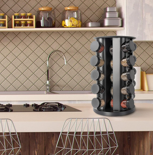 Black Rotating Countertop Spice Rack, Includes Spice Jars And Labels