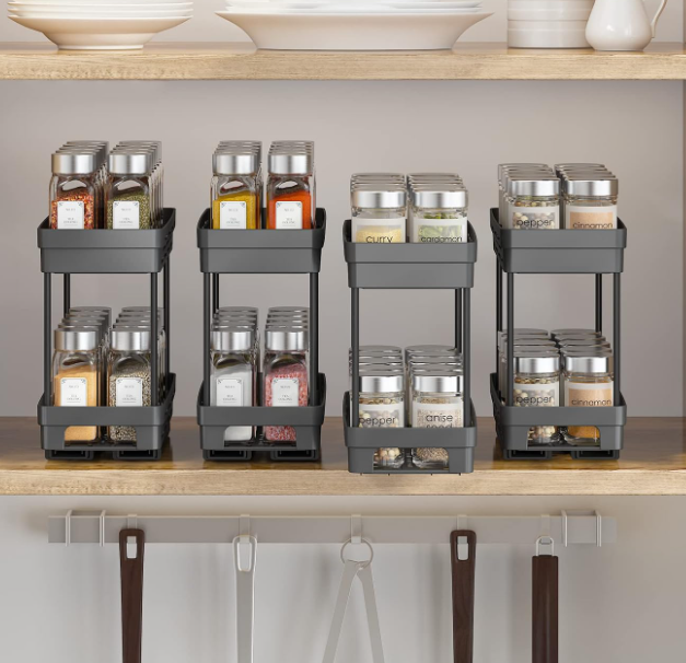 2-Piece Pull-Out Cabinet Spice Rack Set, 2-Tier, Black - Image 2