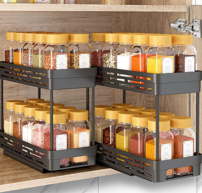2-Piece Pull-Out Cabinet Spice Rack Set, 2-Tier, Black