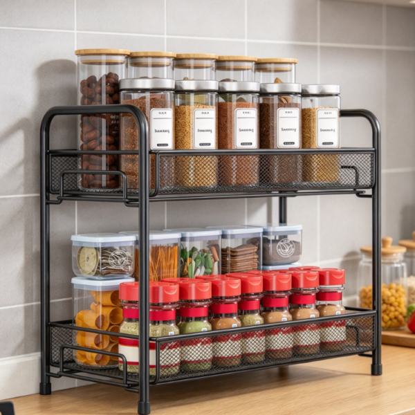 2-Tier Countertop Spice Storage Rack, Foldable, Rust-Resistant Metal