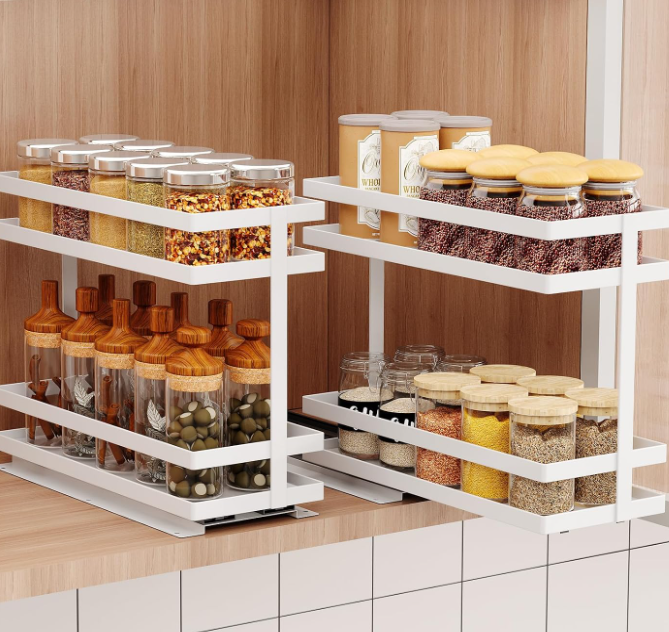 2-Piece Pull-Out Cabinet Spice Rack Set, White, No-Drill Installation - Image 2