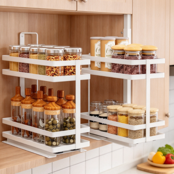 2-Piece Pull-Out Cabinet Spice Rack Set, White, No-Drill Installation