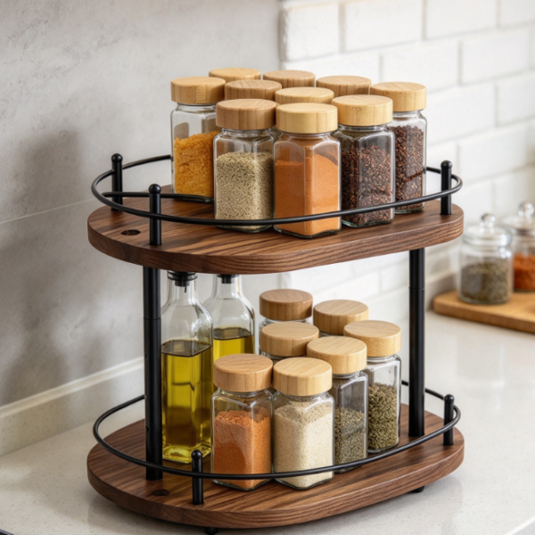 2-Tier Wooden Spice Rack, 360-Degree Rotating With Adjustable Height