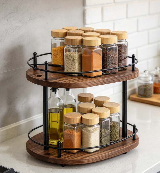 2-Tier Wooden Spice Rack, 360-Degree Rotating With Adjustable Height