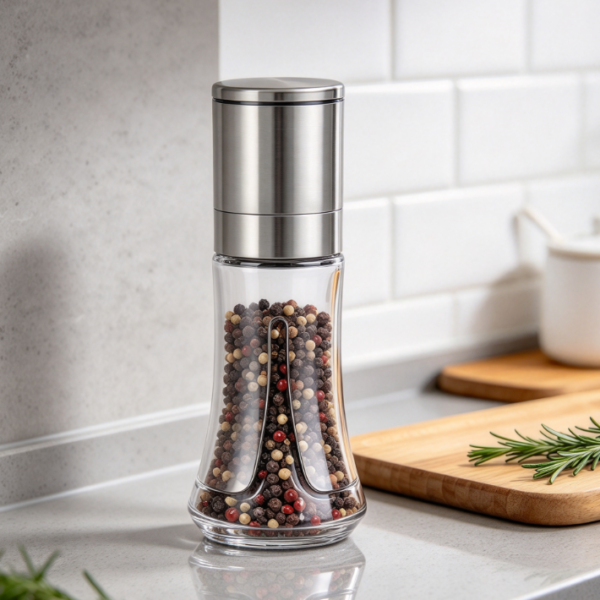 Pepper Grinder With Glass Body, Stainless Steel Casing, And Ceramic Core
