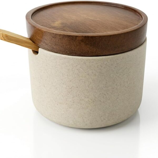 Handcrafted Ceramic Salt Cellar, With Acacia Wood Lid, Spoon, And Wide Opening