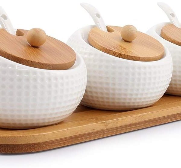 Ceramic Seasoning Jar Set (3-Piece), With Bamboo Lids, Ceramic Spoons, And A Tray
