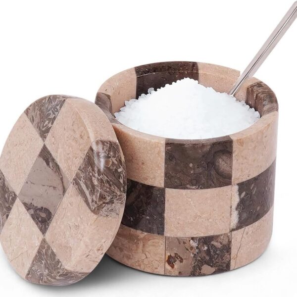 Marble Salt Cellar With Lid And Spoon, For Kitchen Countertops