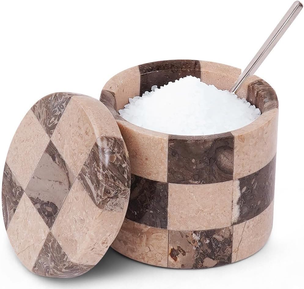Marble Salt Cellar With Lid And Spoon, For Kitchen Countertops