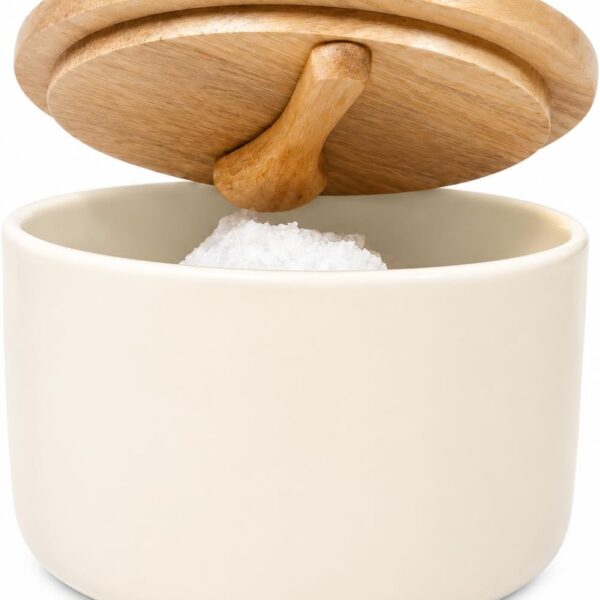 Ceramic Salt And Pepper Shakers, With Magnetic Spoons And Acacia Wood Lids