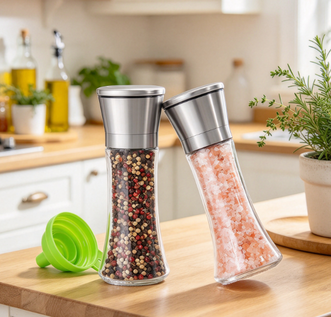 Stainless Steel Sea Salt And Pepper Grinder Set With Glass Bodies - Image 2