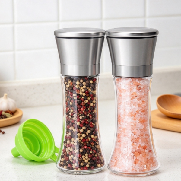 Stainless Steel Sea Salt And Pepper Grinder Set With Glass Bodies