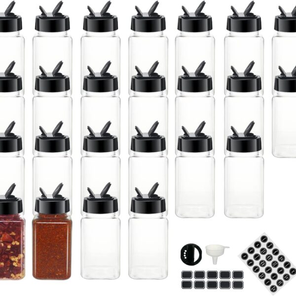 Transparent Plastic Seasoning Jar Set (24-Piece), With Black Lids
