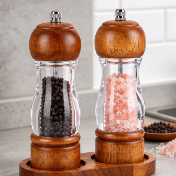Oak And Acrylic Salt And Pepper Grinder Set With Tray