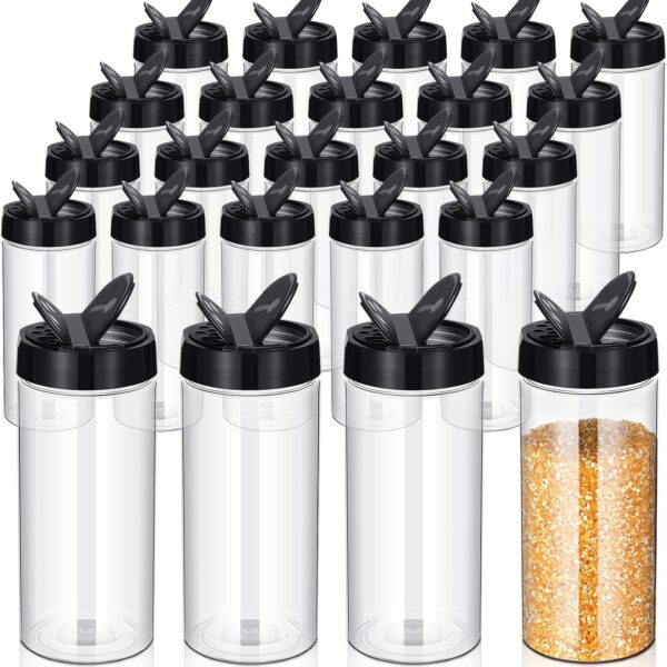Plastic Seasoning Jar Set (24-Piece), Transparent With Black Lids