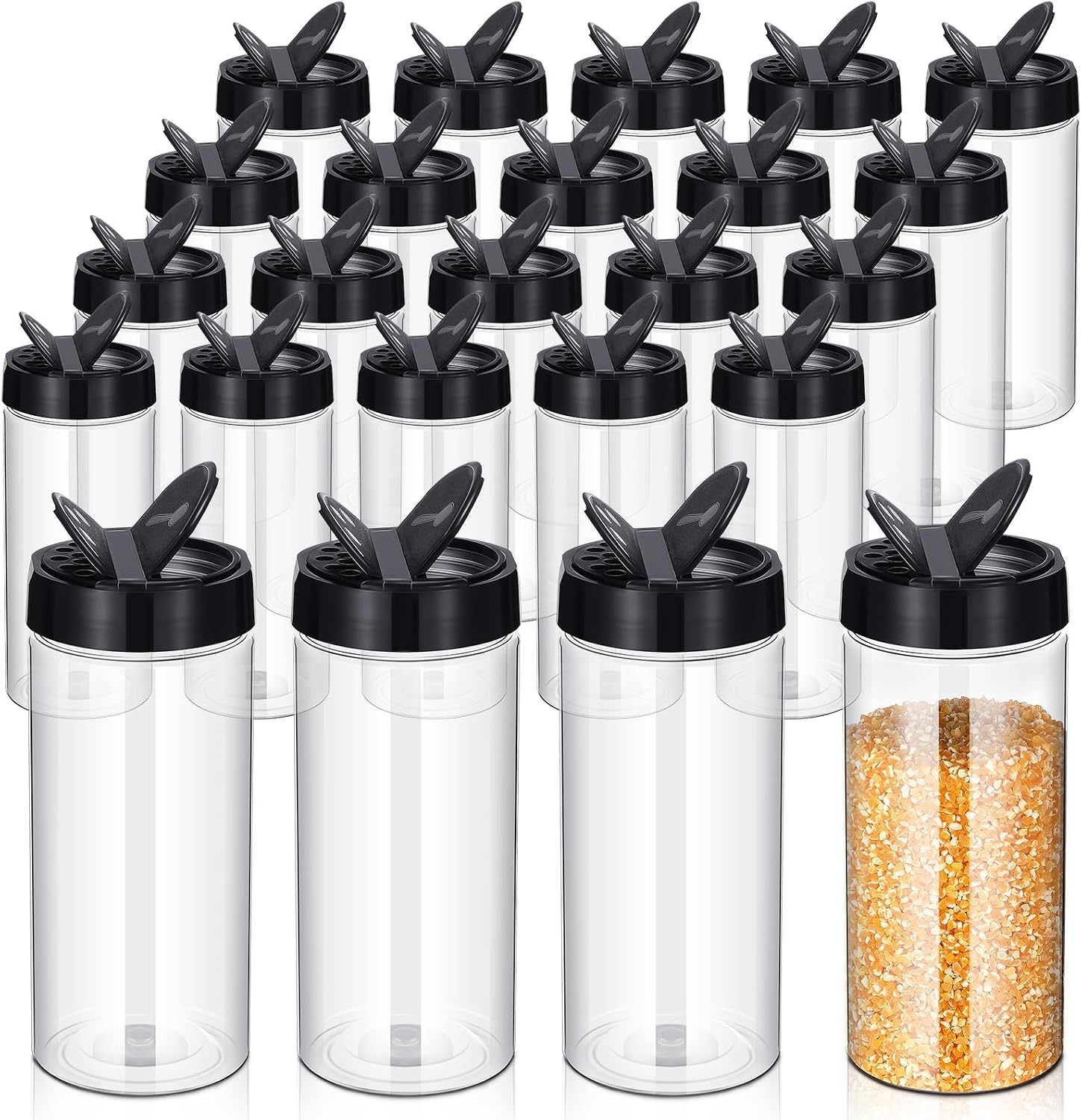 Plastic Seasoning Jar Set (24-Piece), Transparent With Black Lids